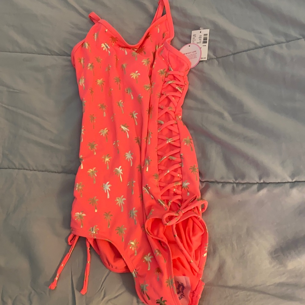 Justice one piece peach gold palm tree swimsuit